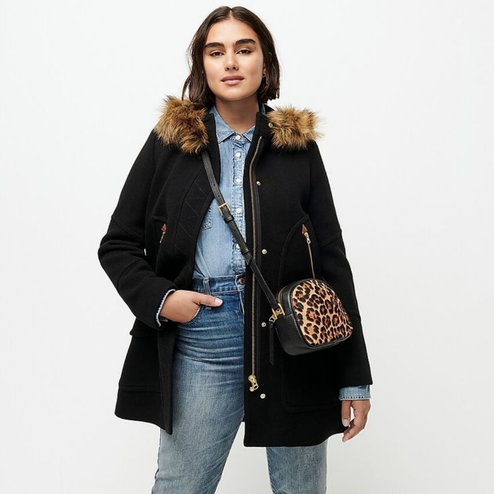 NWOT J. Crew Black wool coat either toggles and Faux Fur Trim